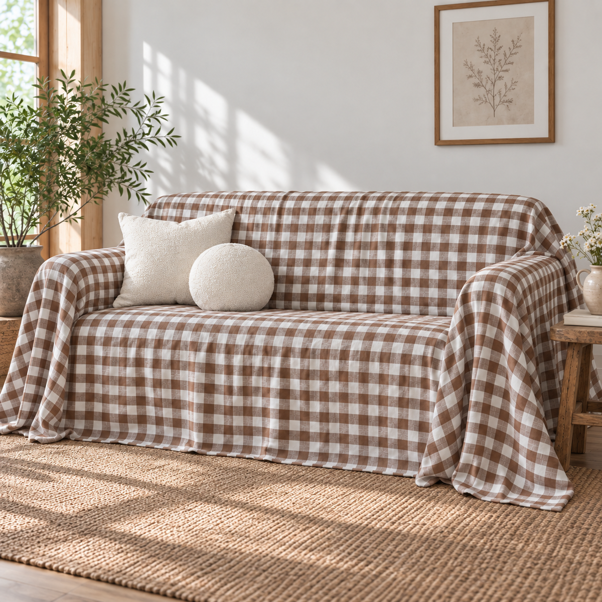 Gingham & Striped Linen Sofa Cover