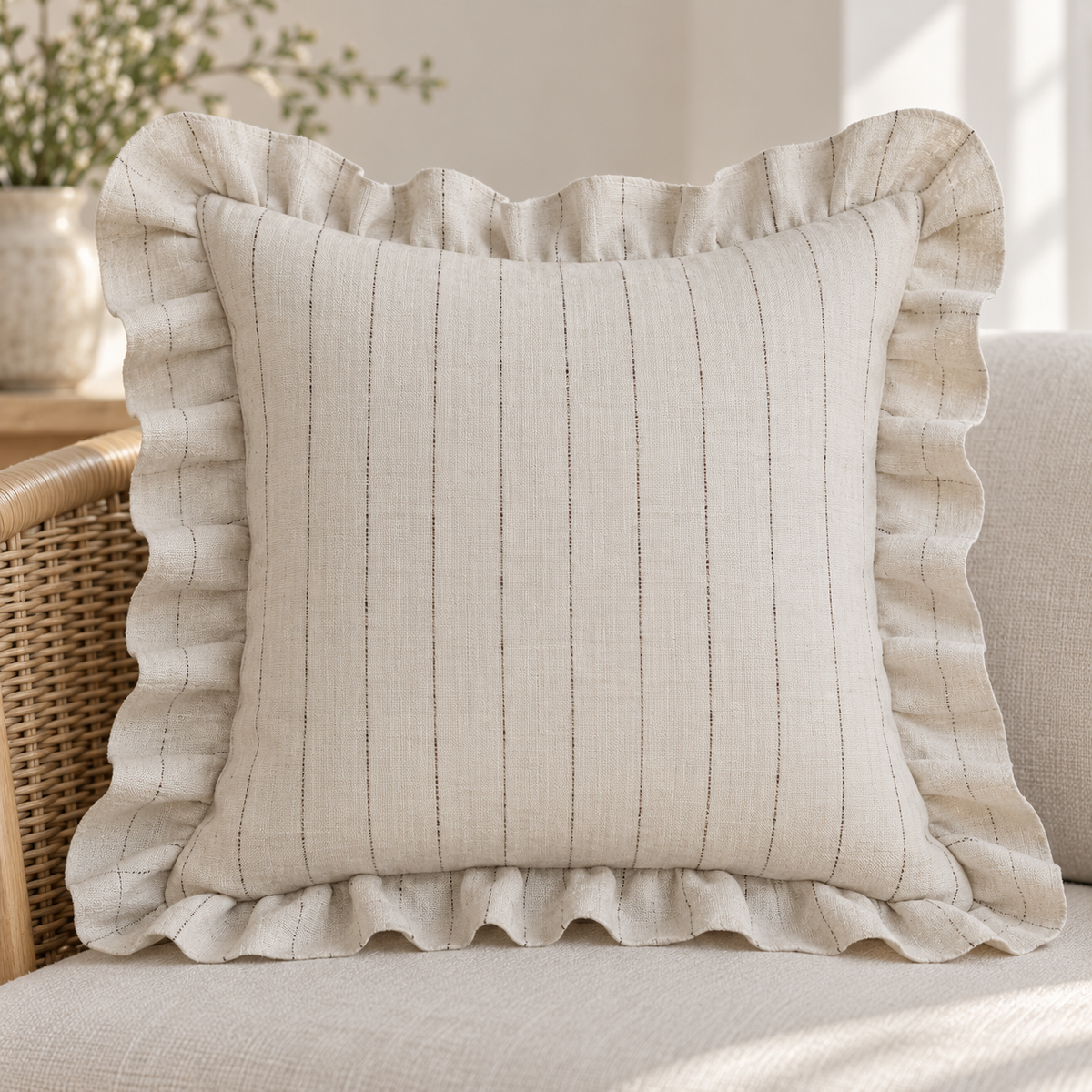Striped Linen Ruffle Pillow Cover