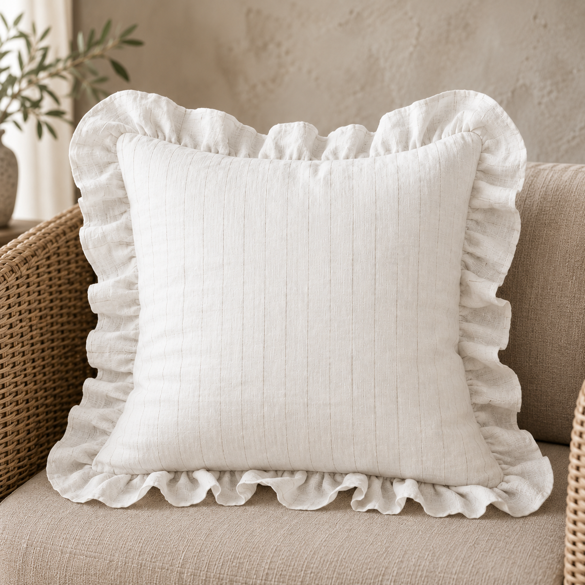 Striped Linen Ruffle Pillow Cover