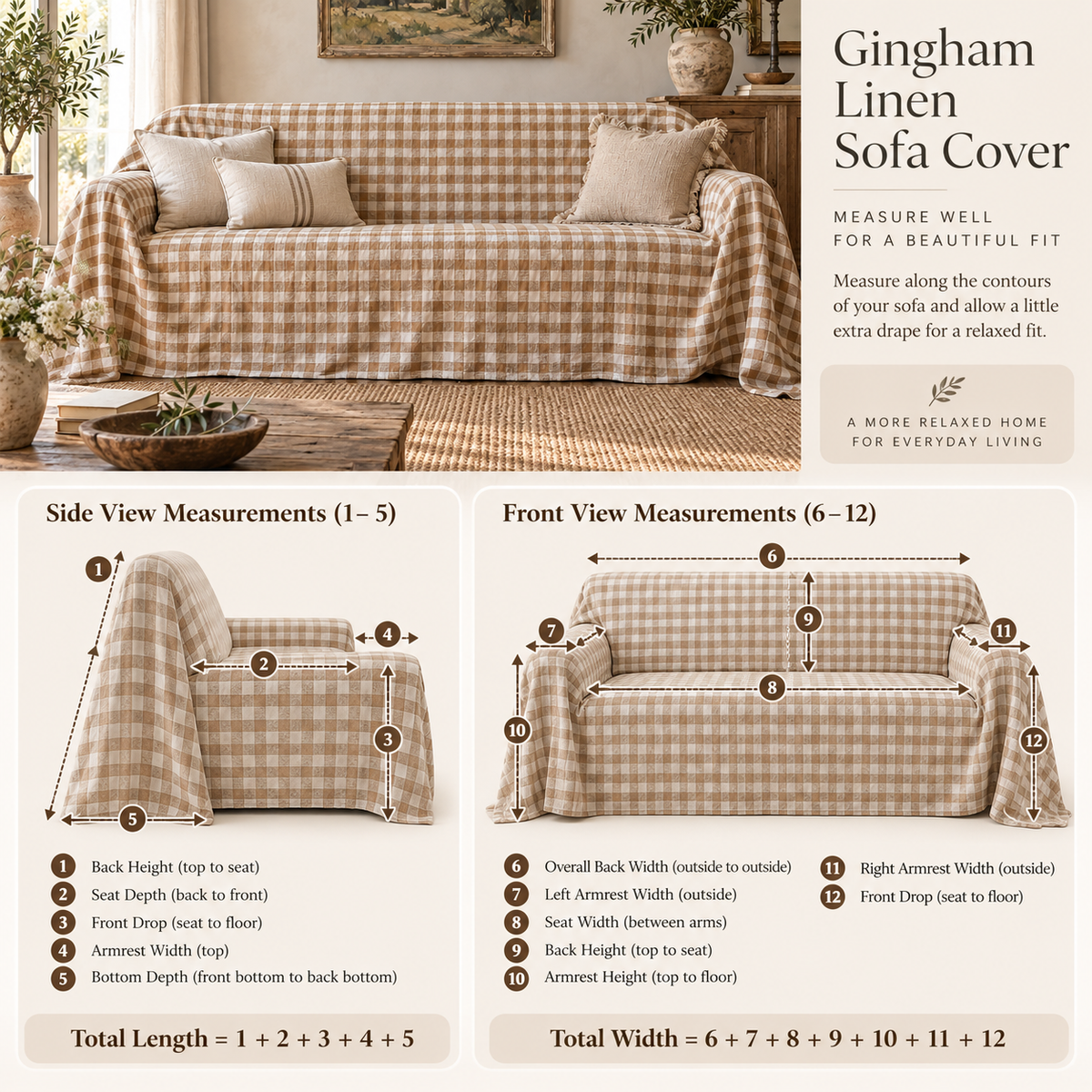 Sofaüberwurf aus Gingham- und Streifenleinen
