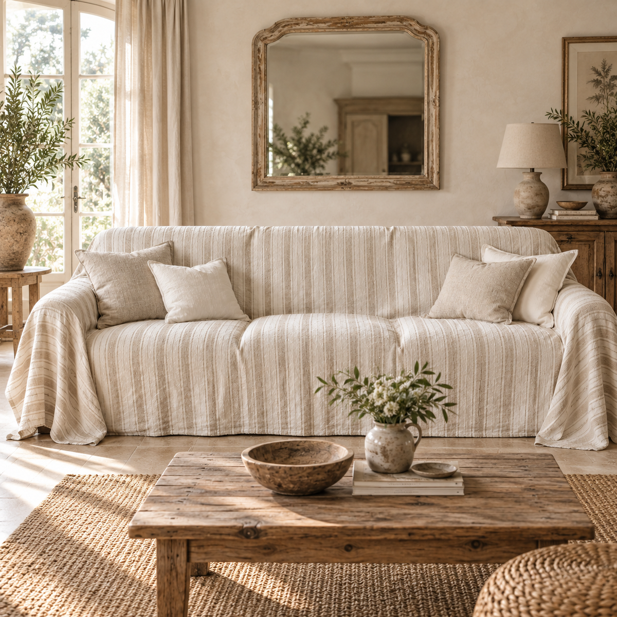 Gingham & Striped Linen Sofa Cover