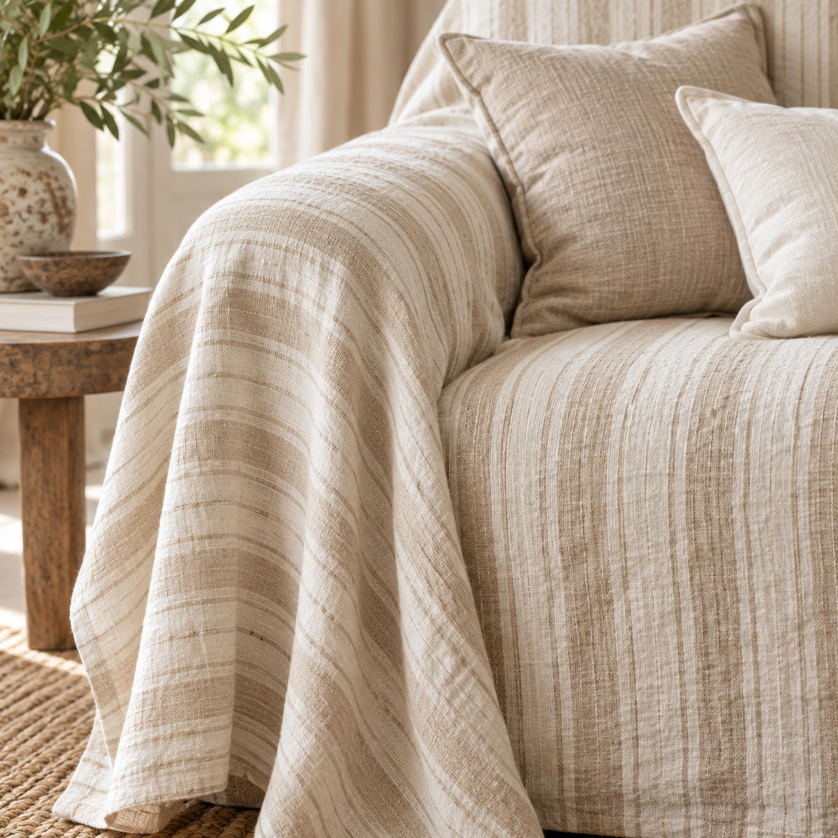 Gingham & Striped Linen Sofa Cover