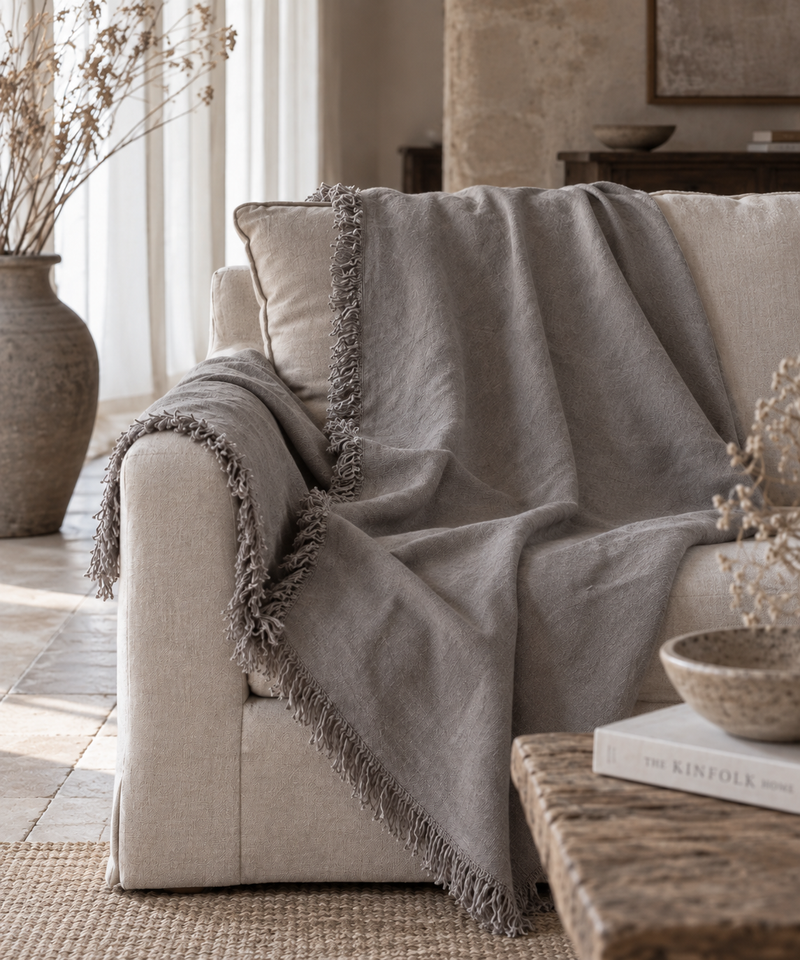 Gray Fringed Linen Throw