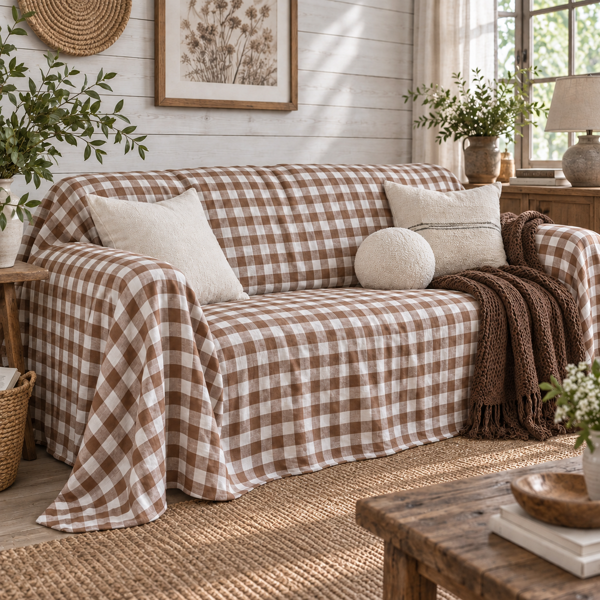 Sofaüberwurf aus Gingham- und Streifenleinen