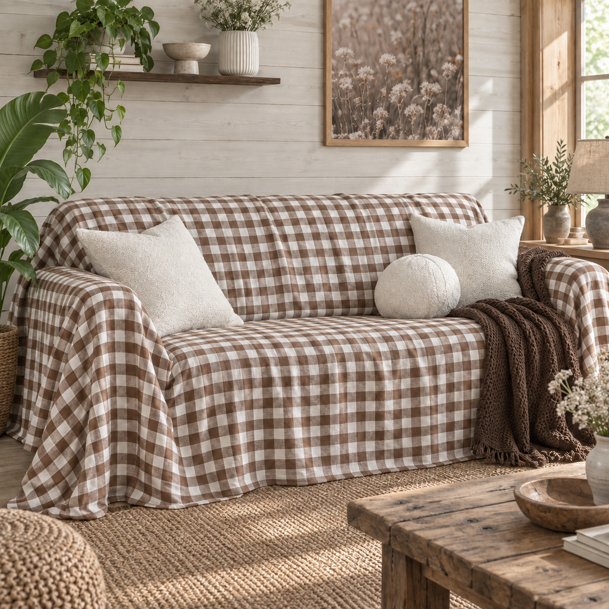 Sofaüberwurf aus Gingham- und Streifenleinen