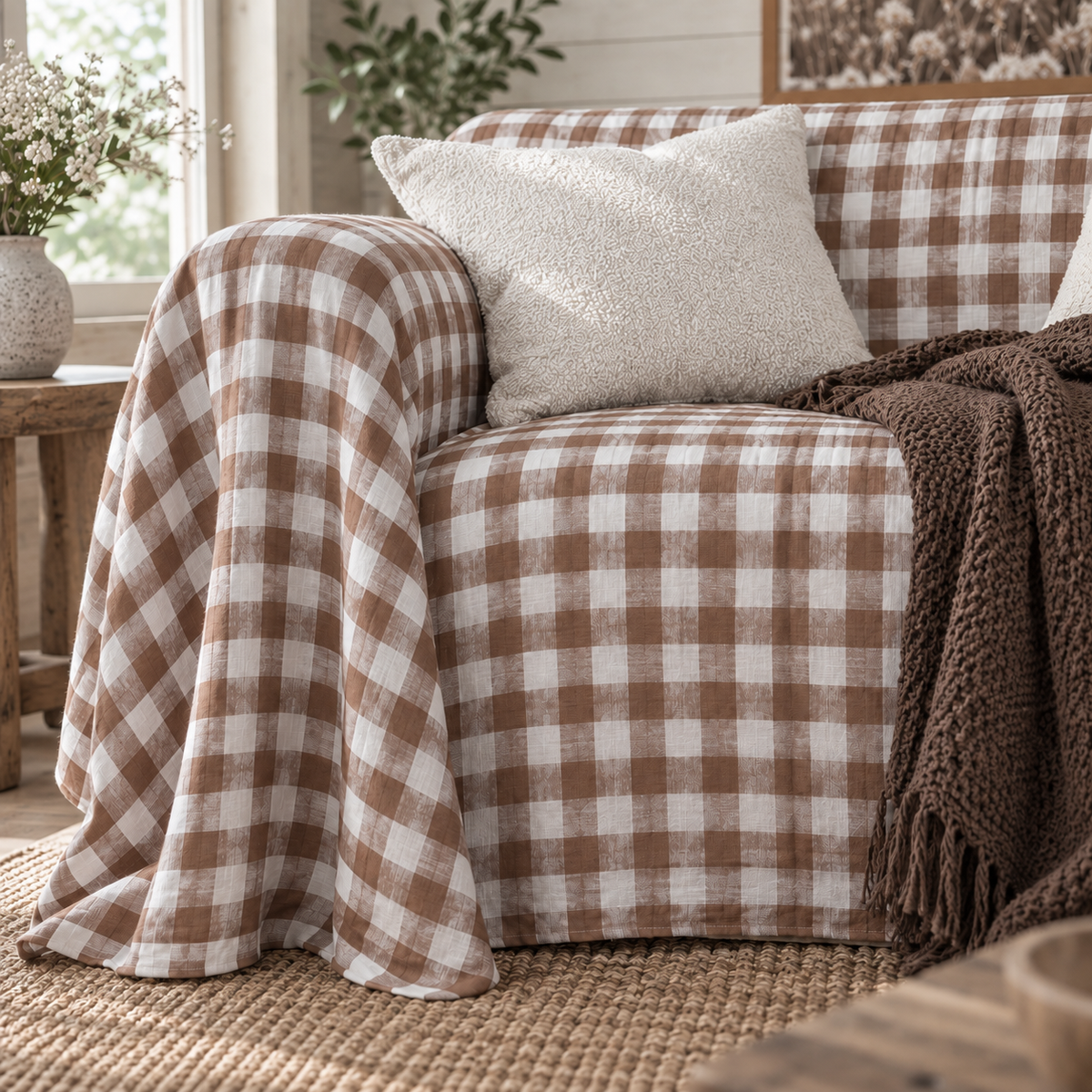 Sofaüberwurf aus Gingham- und Streifenleinen