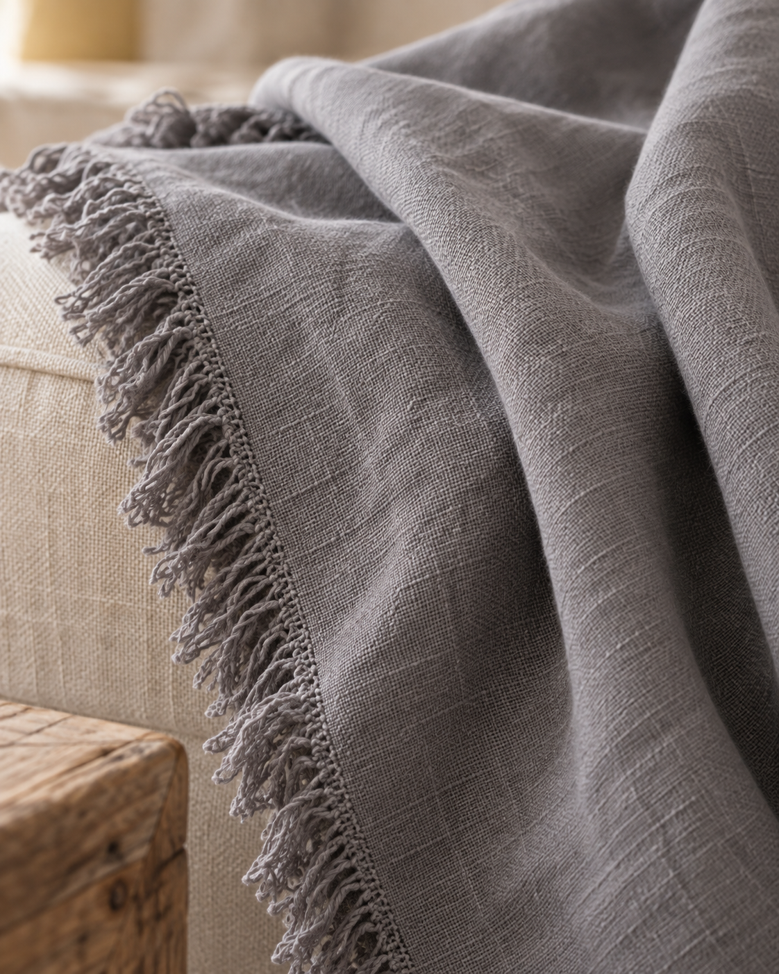 Gray Fringed Linen Throw