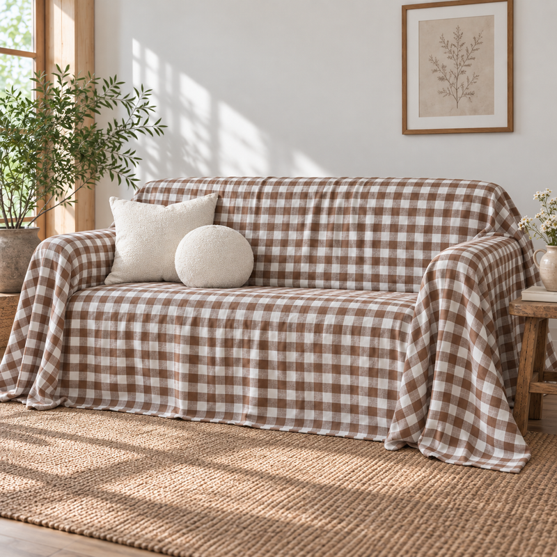 Gingham & Striped Linen Sofa Cover