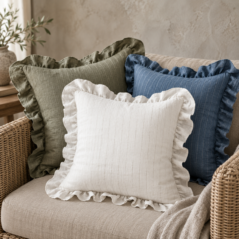 Striped Linen Ruffle Pillow Cover