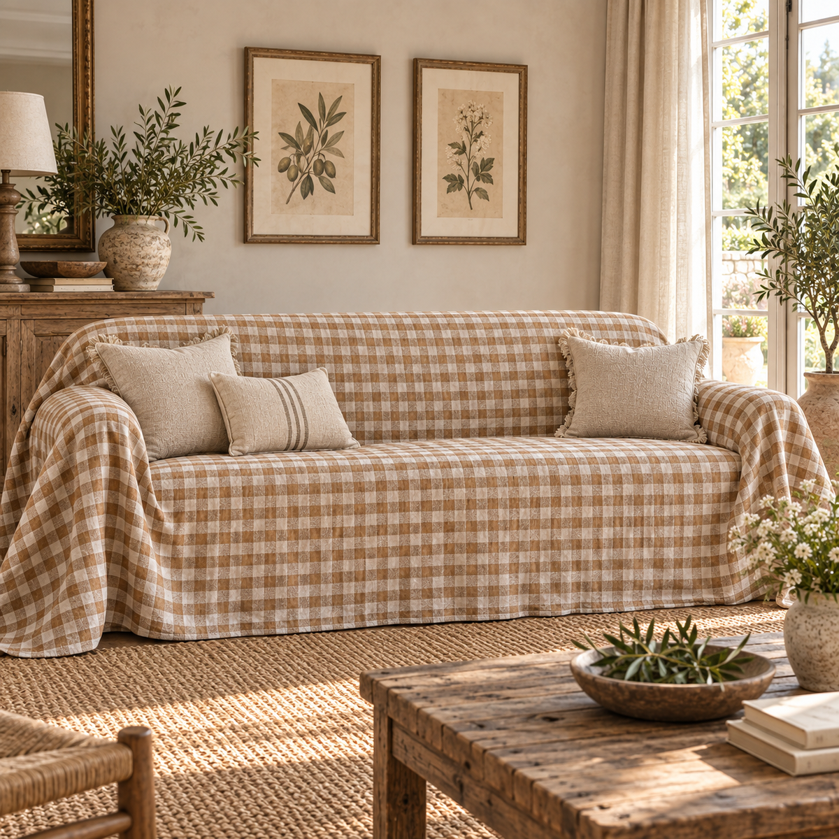 Sofaüberwurf aus Gingham- und Streifenleinen