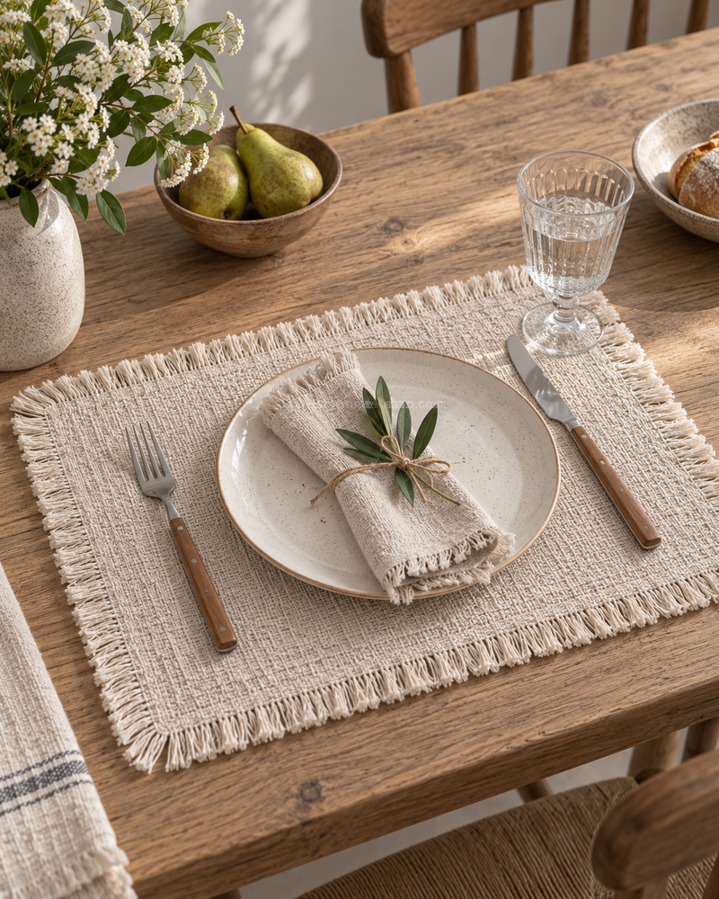 Fringed Cotton Linen Placemats & Coasters