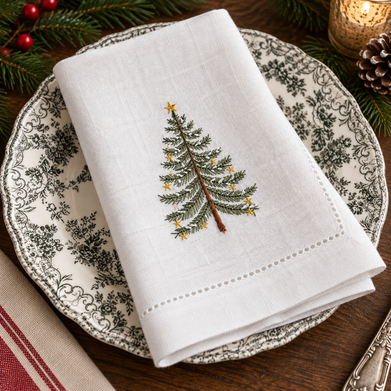 Christmas Tree Embroidered Linen Napkins