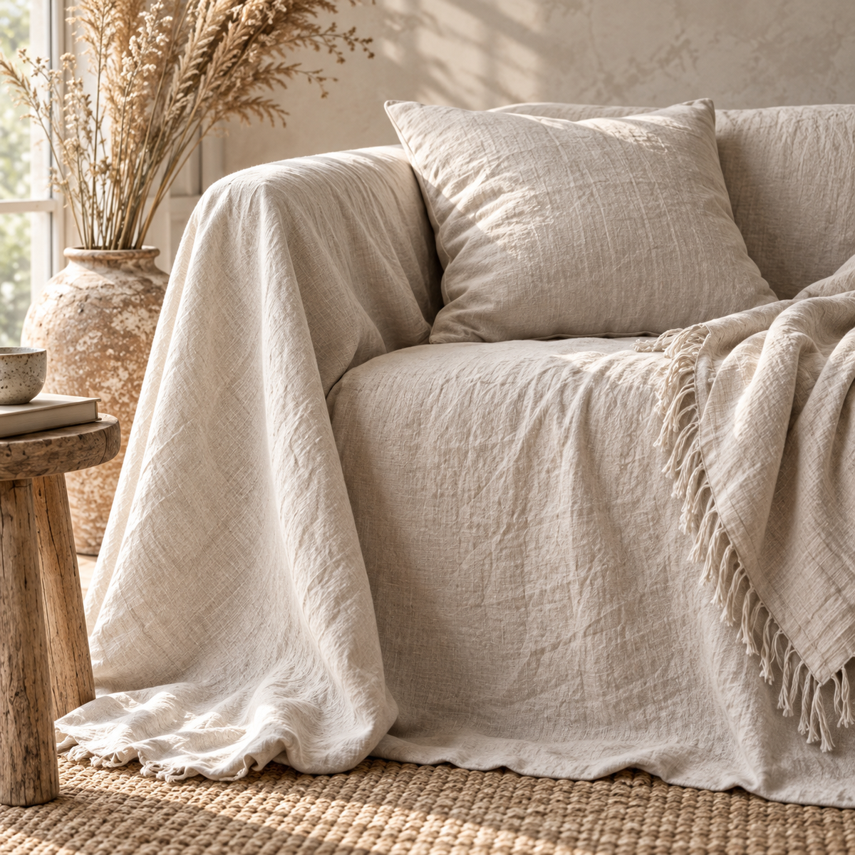 Solid Pure Linen Sofa Cover
