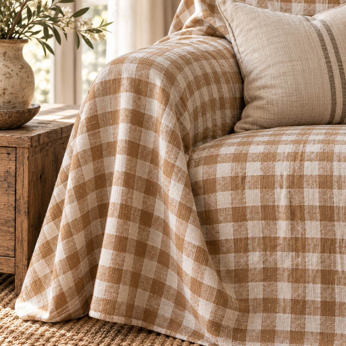 Sofaüberwurf aus Gingham- und Streifenleinen