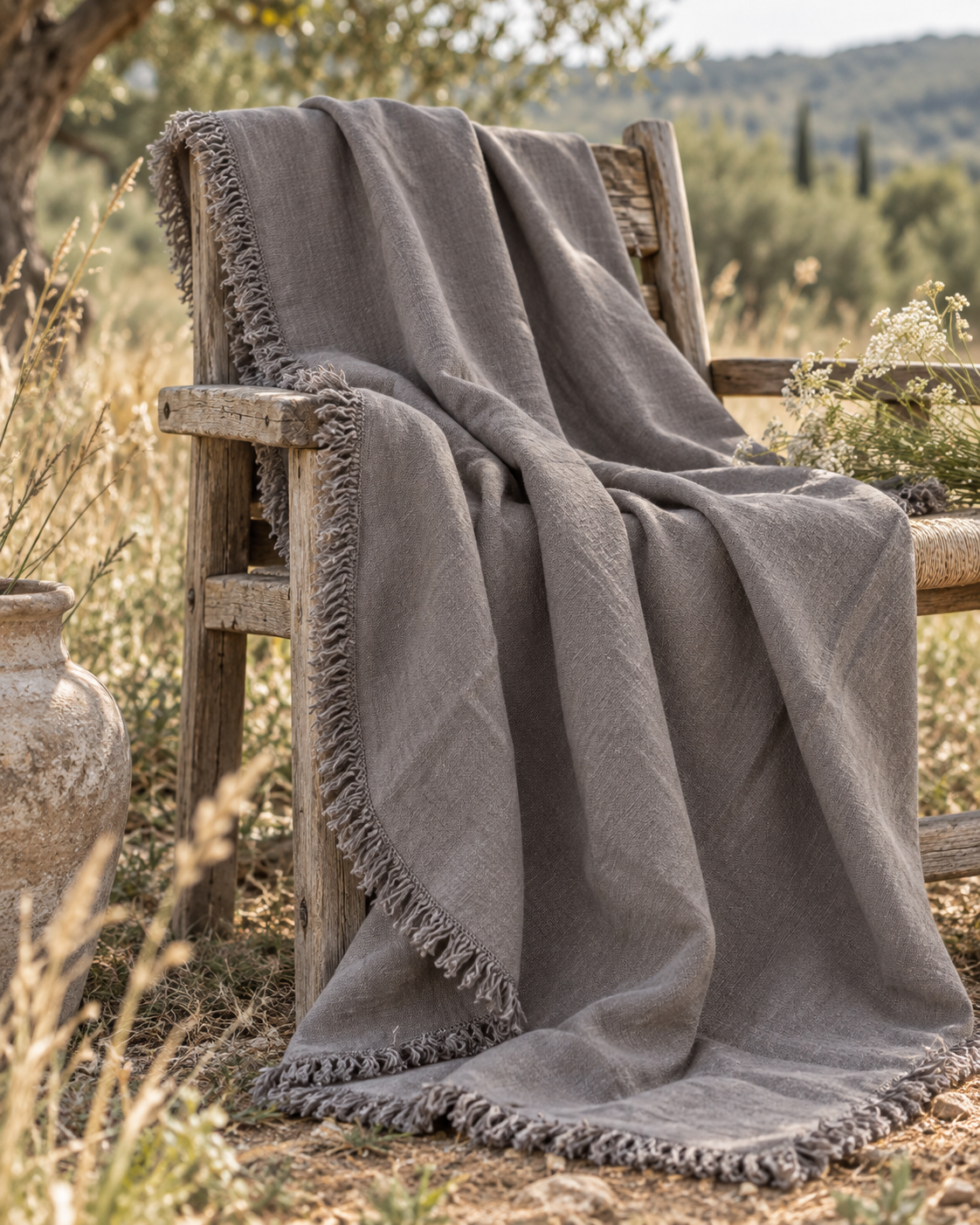 Gray Fringed Linen Throw