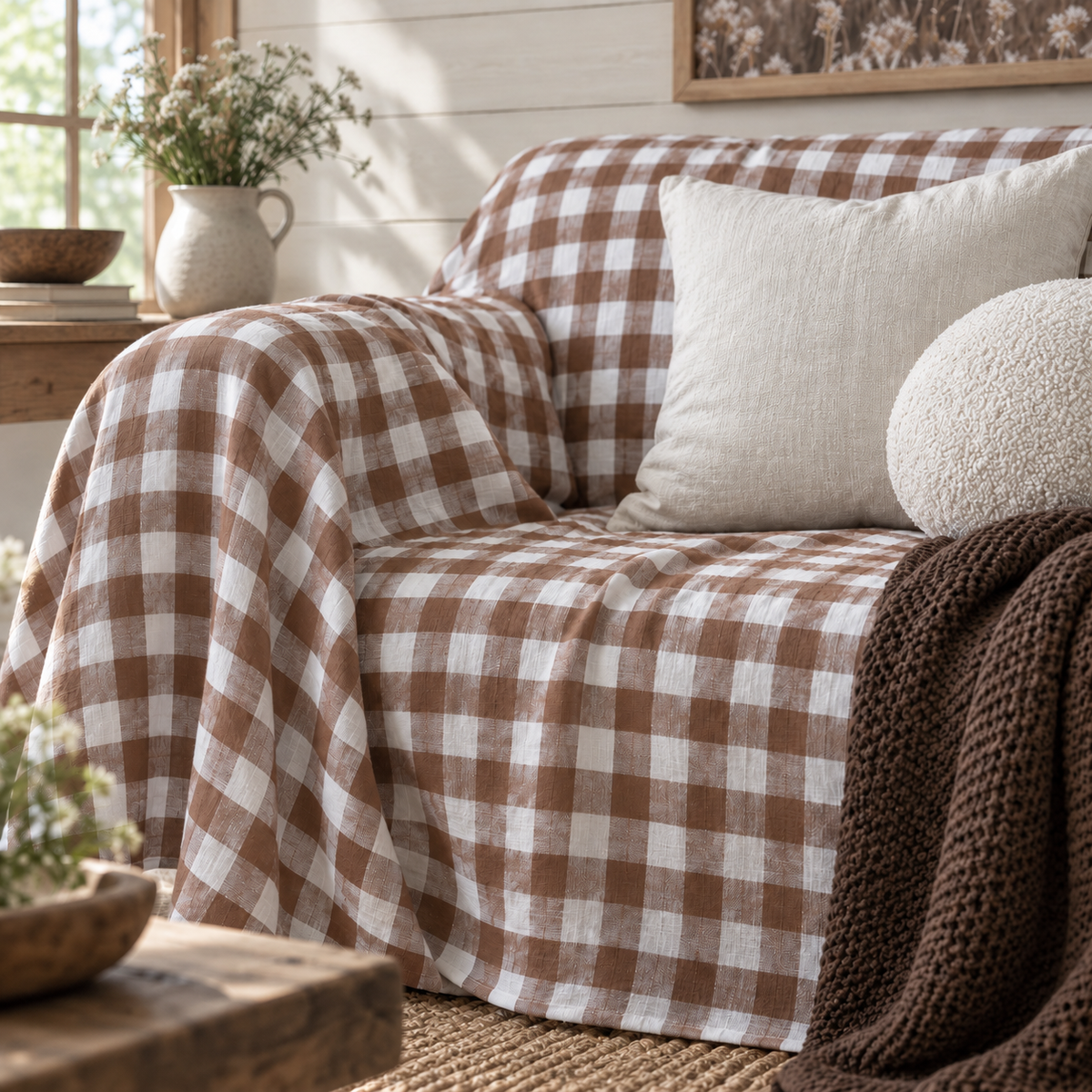 Gingham & Striped Linen Sofa Cover