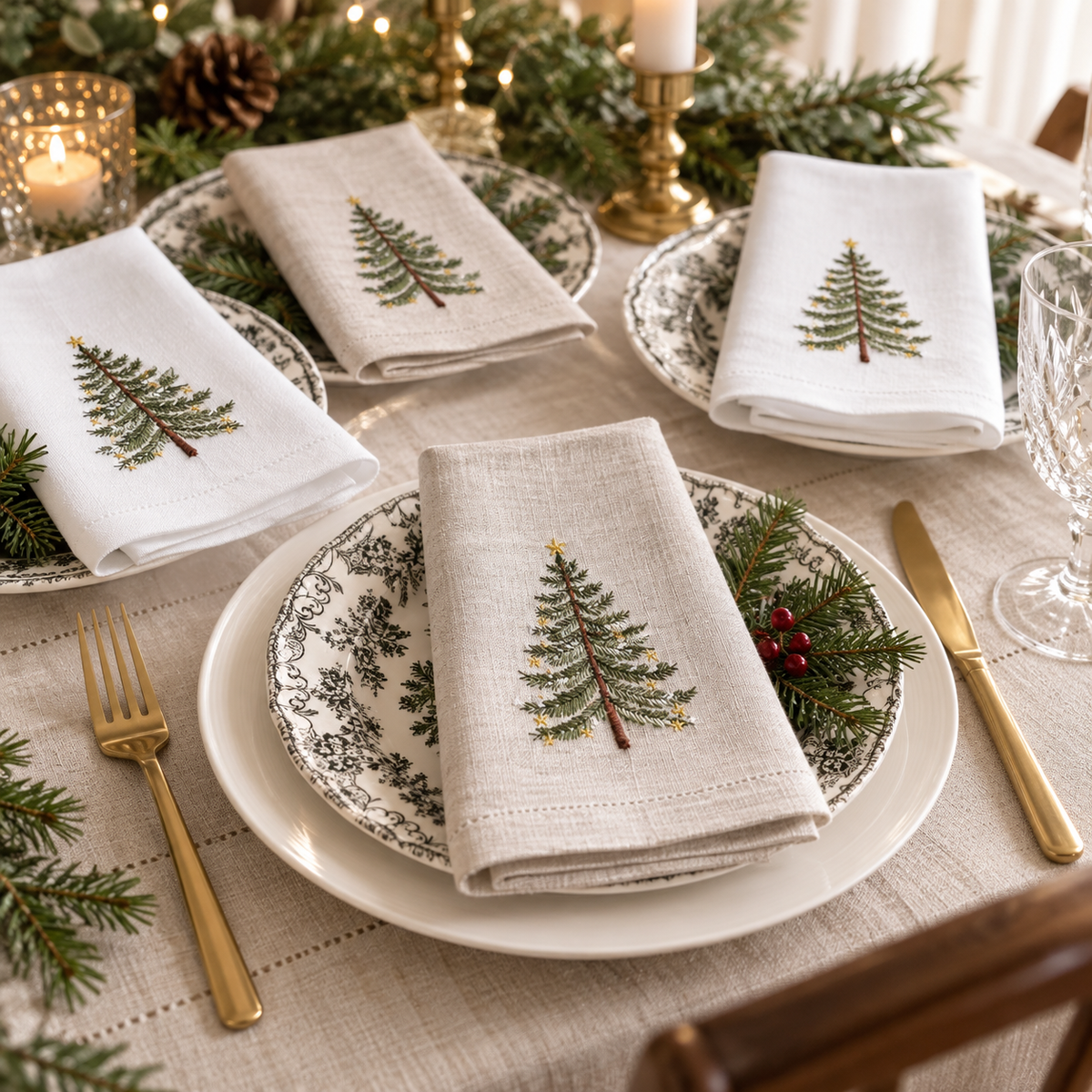 Christmas Tree Embroidered Linen Napkins