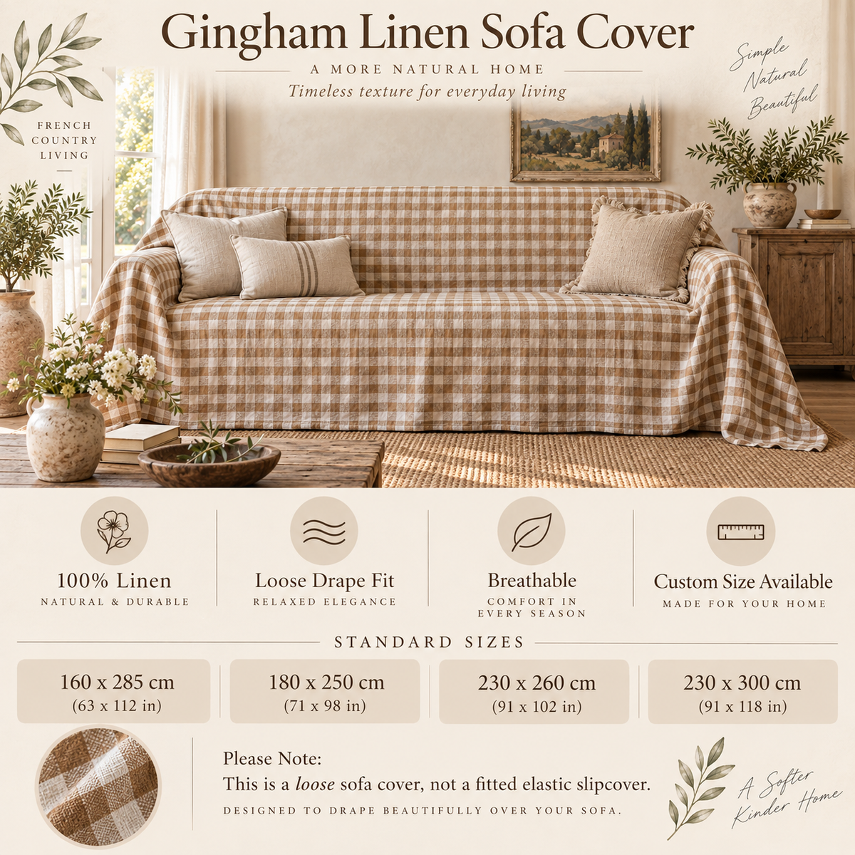 Sofaüberwurf aus Gingham- und Streifenleinen