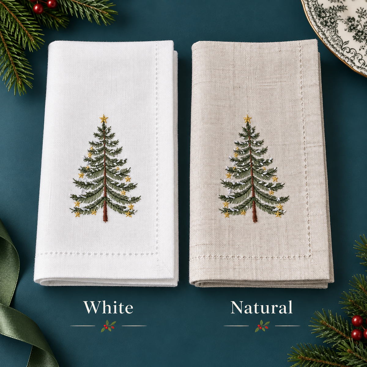 Christmas Tree Embroidered Linen Napkins