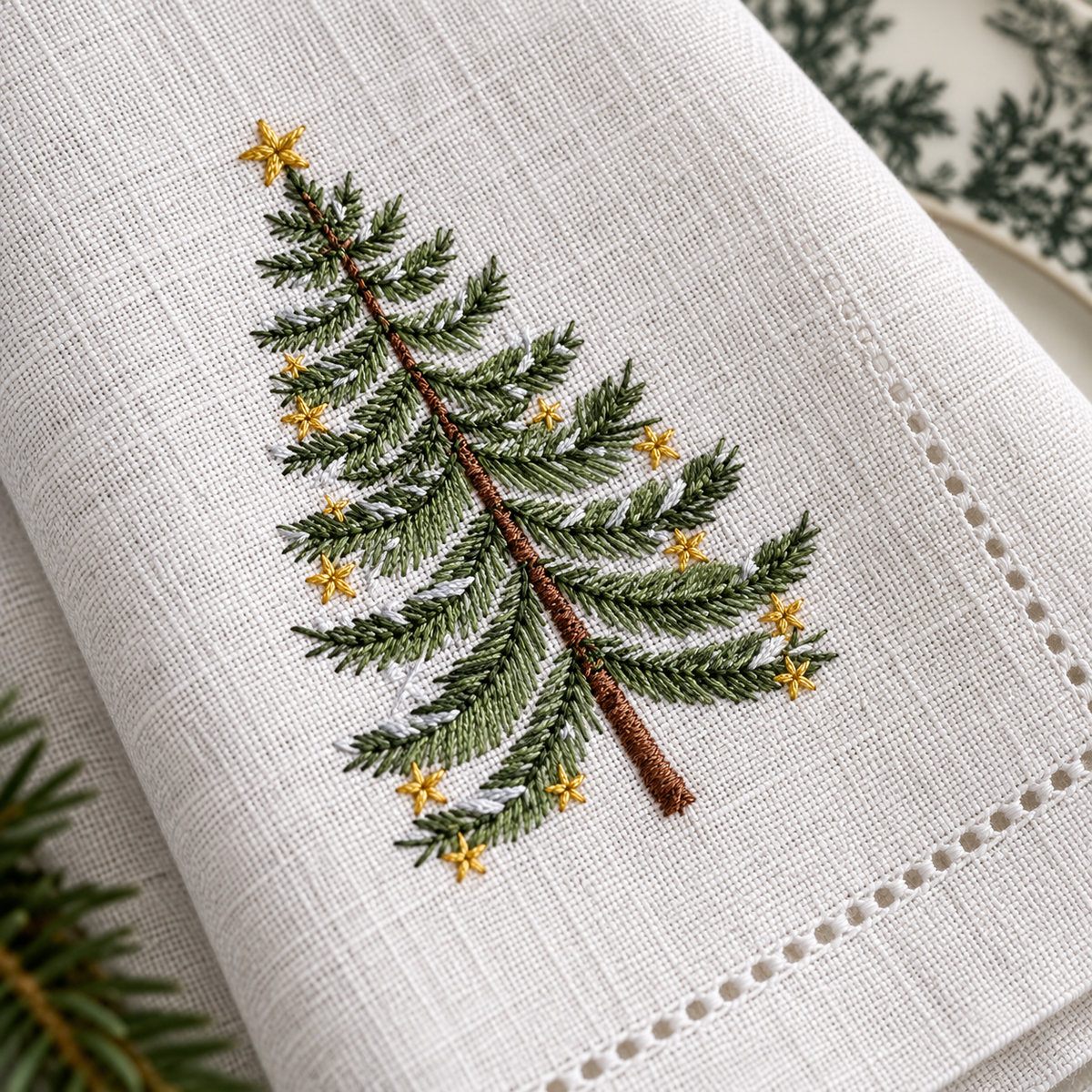 Christmas Tree Embroidered Linen Napkins