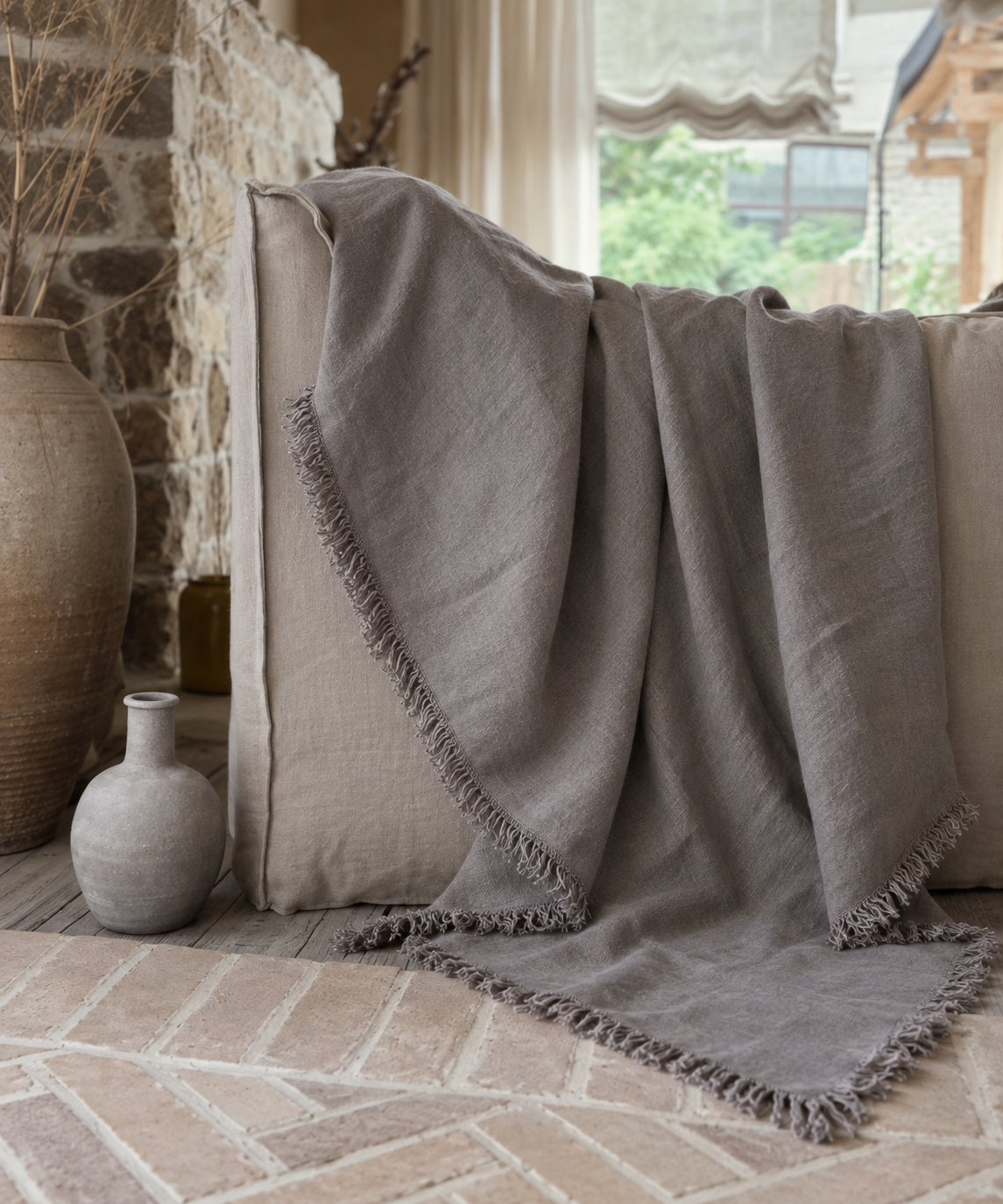 Gray Fringed Linen Throw