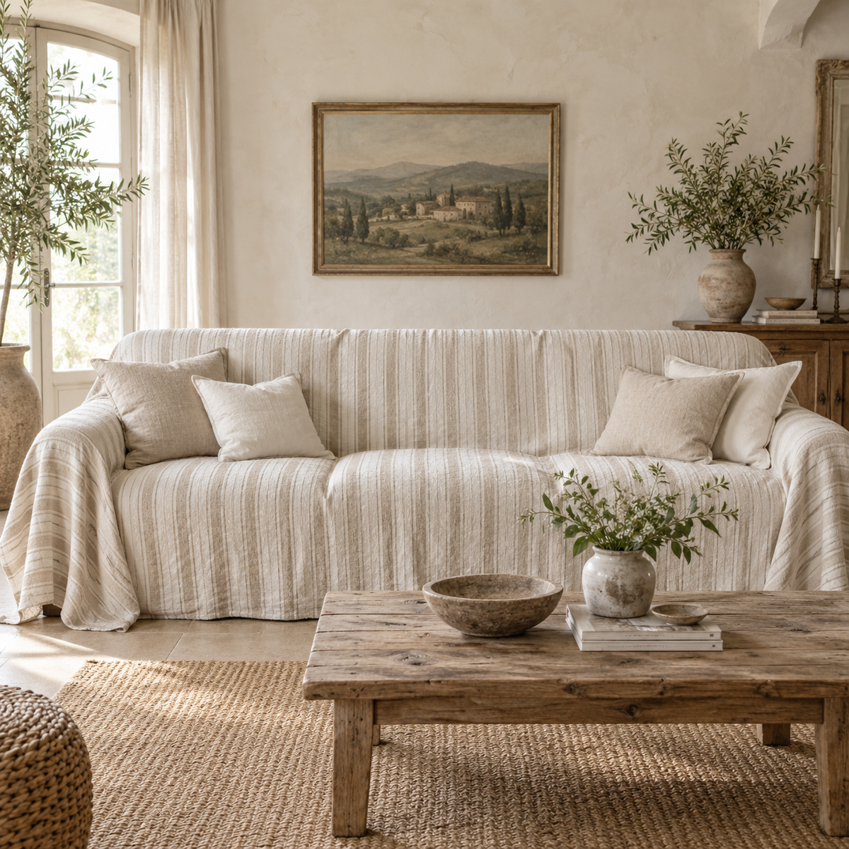 Sofaüberwurf aus Gingham- und Streifenleinen