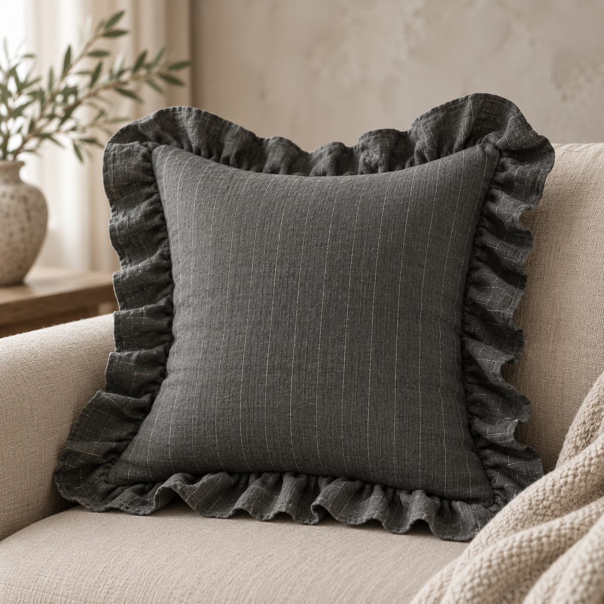 Striped Linen Ruffle Pillow Cover
