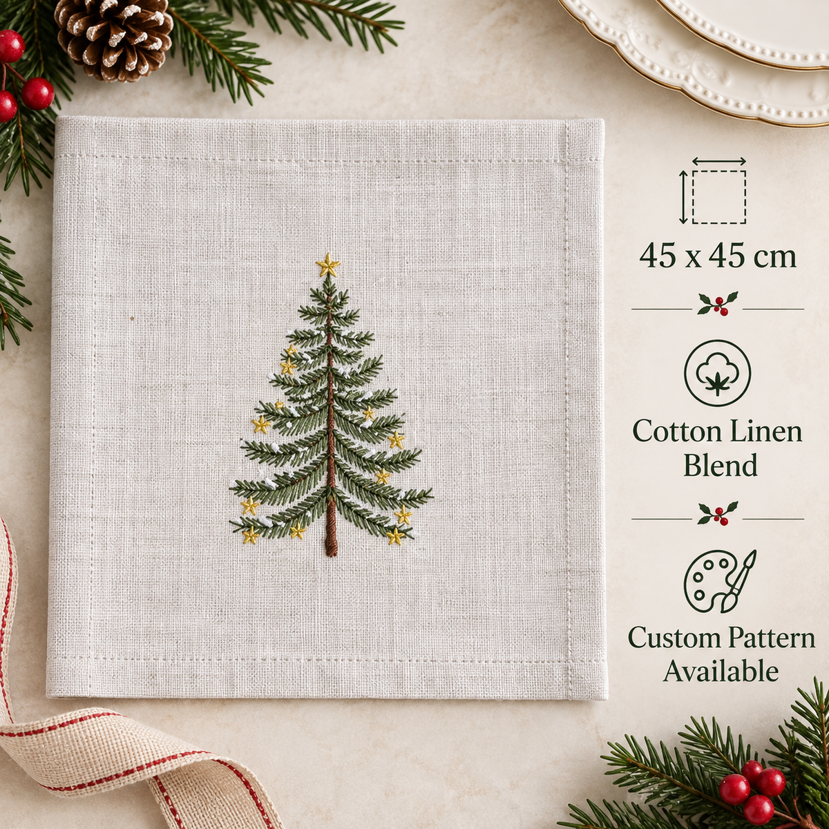 Christmas Tree Embroidered Linen Napkins