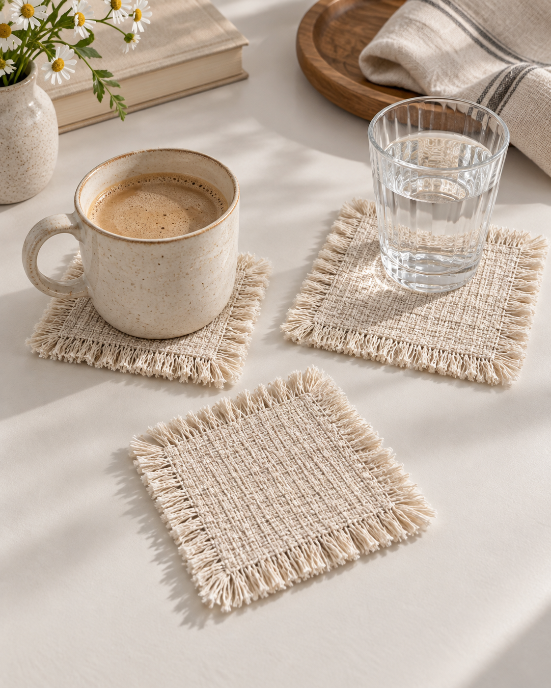 Fringed Cotton Linen Placemats & Coasters