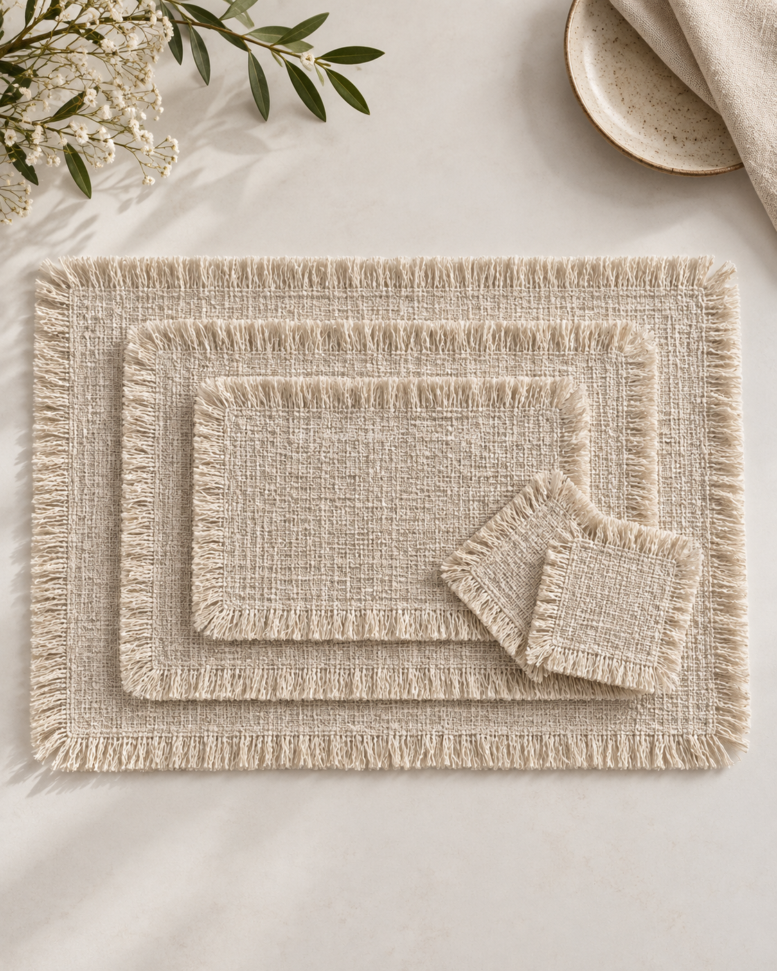 Fringed Cotton Linen Placemats & Coasters