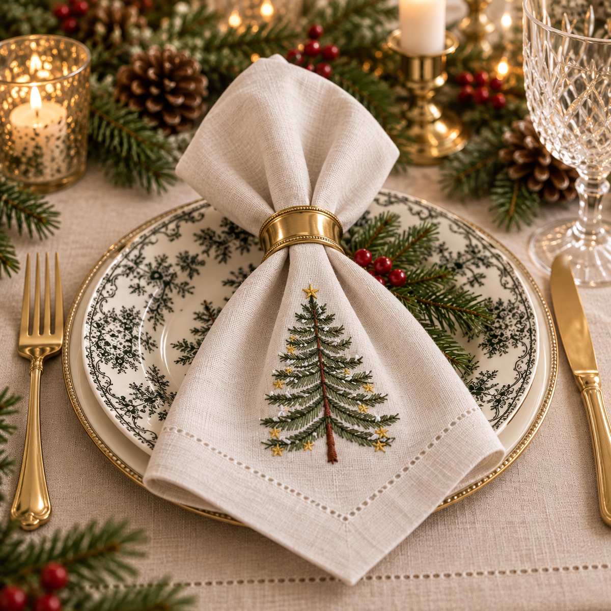 Christmas Tree Embroidered Linen Napkins