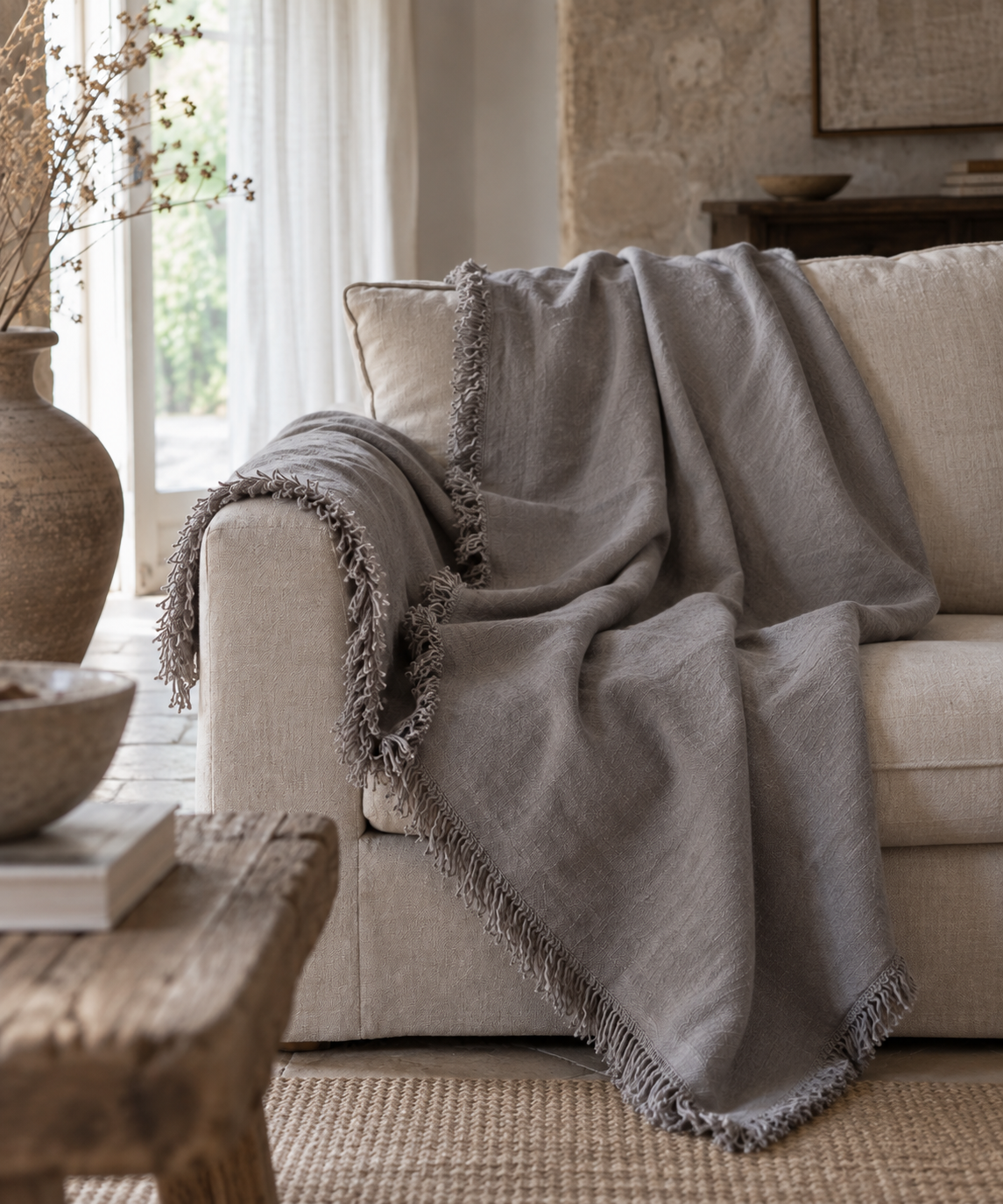 Gray Fringed Linen Throw