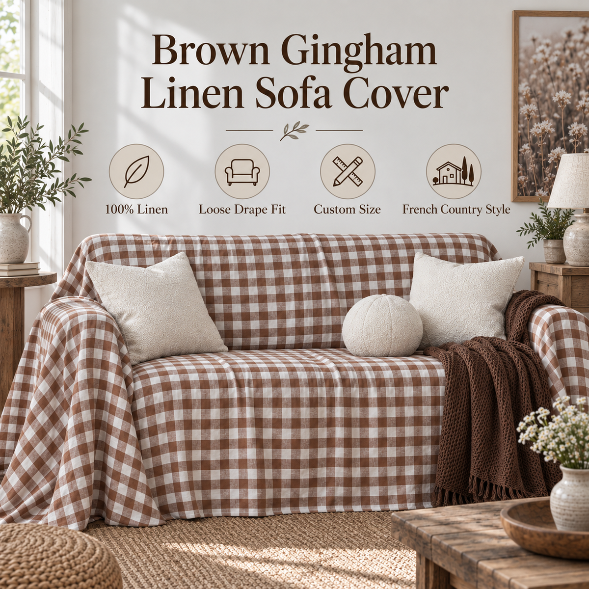 Sofaüberwurf aus Gingham- und Streifenleinen