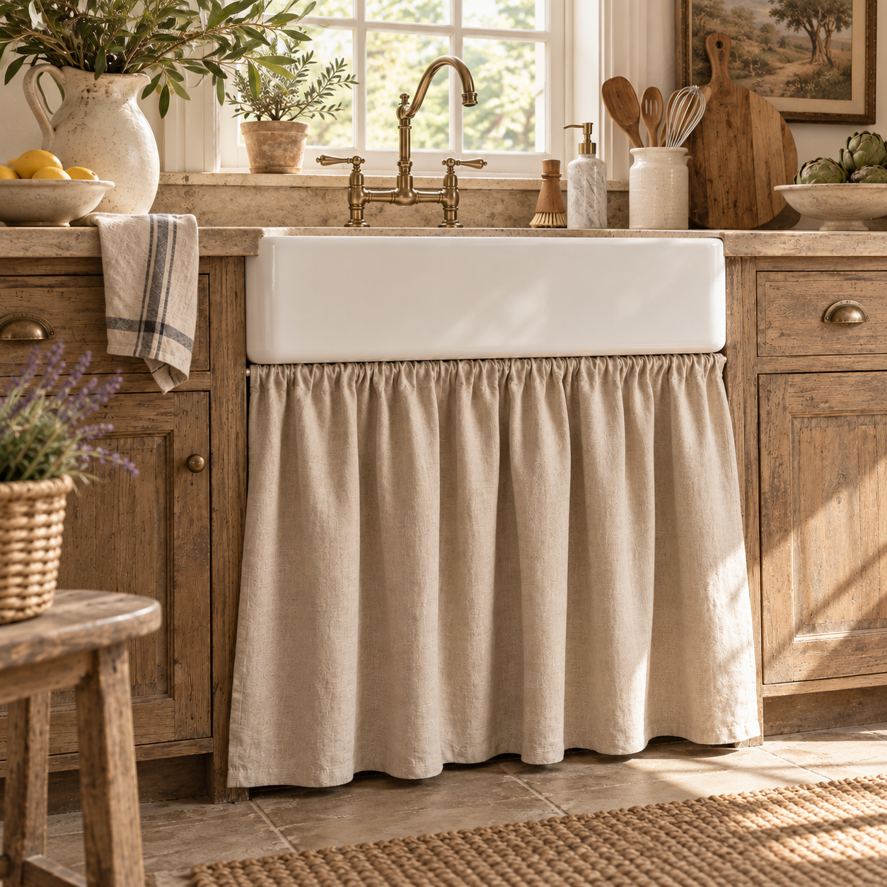 Natural-toned curtain beneath a kitchen sink