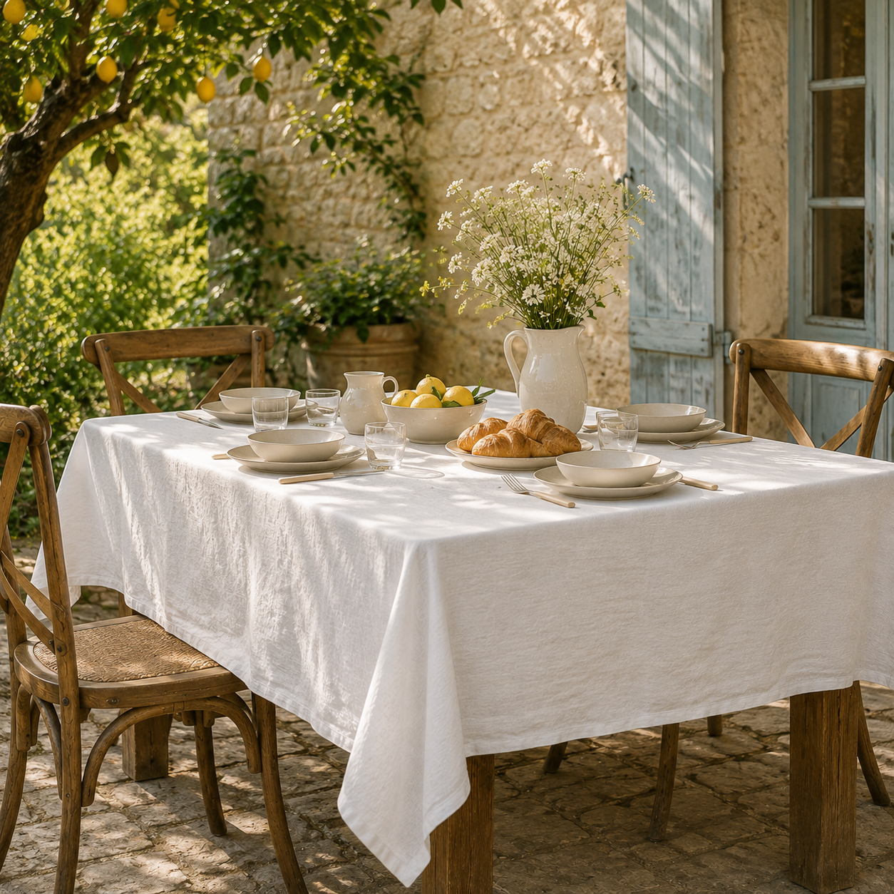 White tablecloth in a courtyard